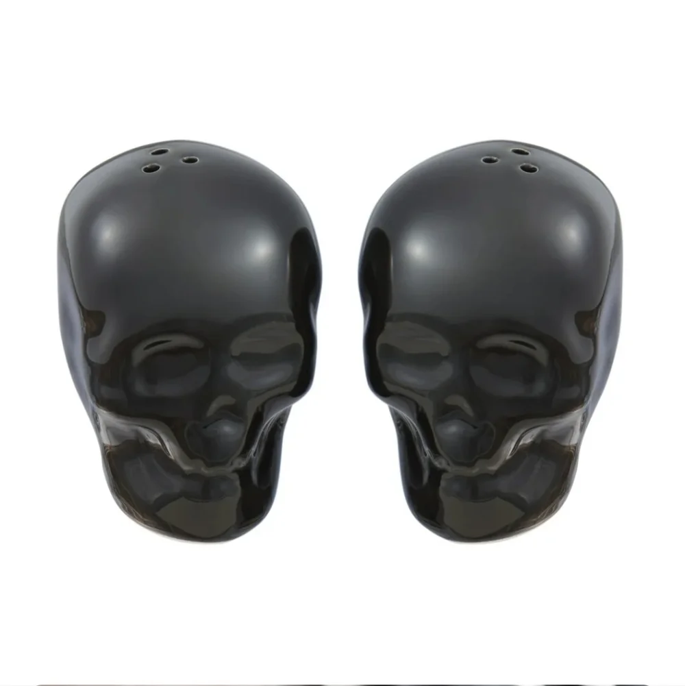 Black Skull-Shaped Glazed Ceramic Salt & Pepper Shaker Set